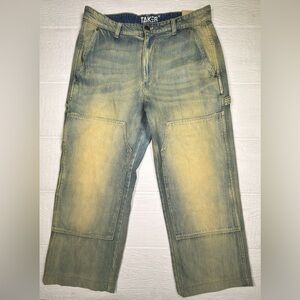 TAKER Baggy Double Knee Carpenter Jeans W34 Cropped Workwear Tint Wash Denim